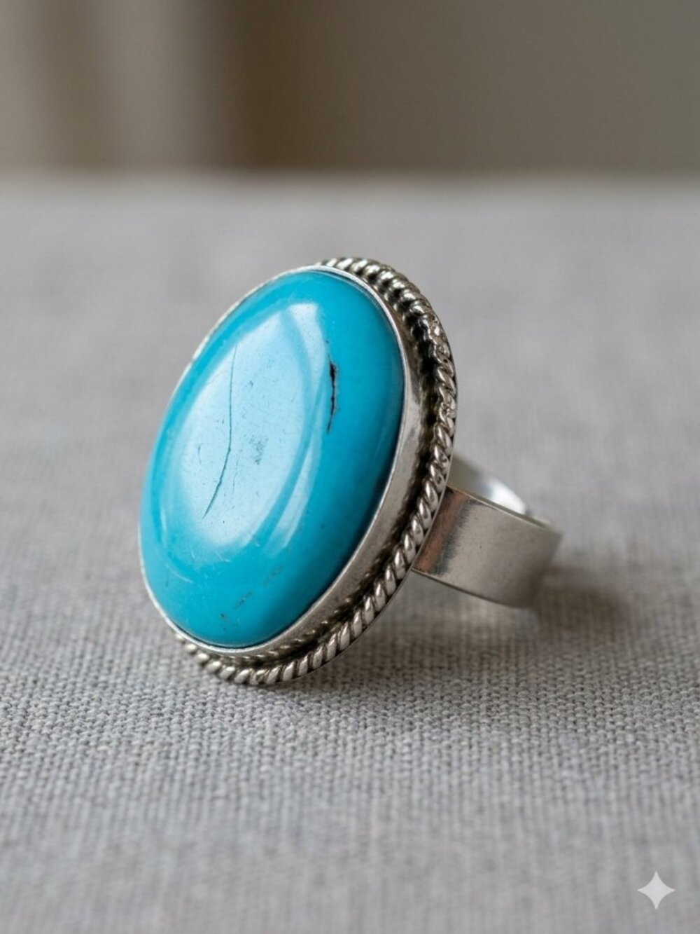 Silver Tone Blue Turquoise Resin Adjustable Ring Rope Detail